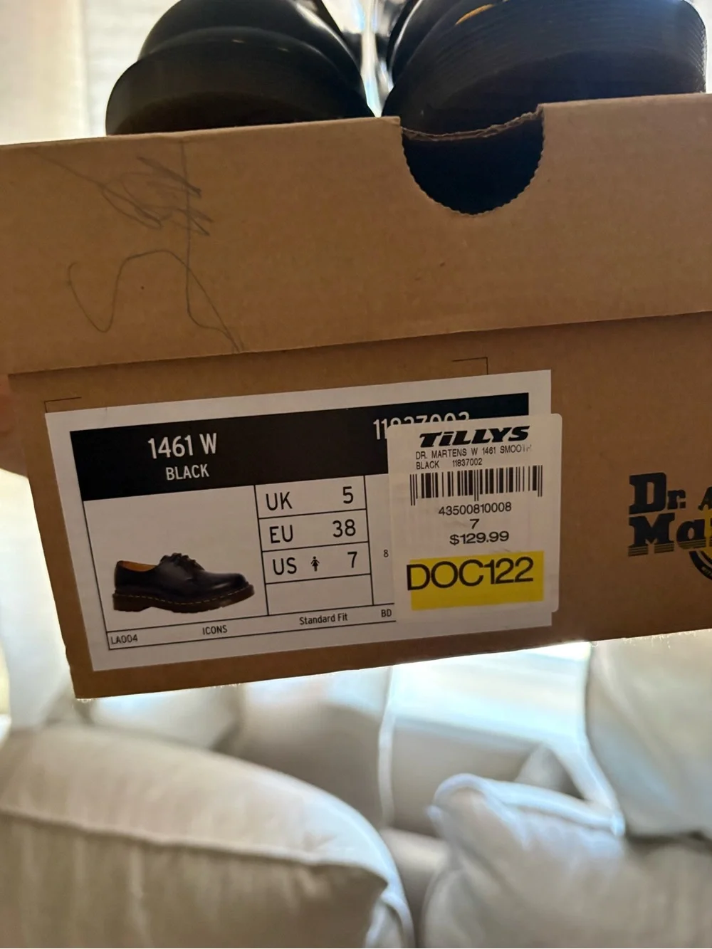 Dr. Martens Black Leather 3-Eye Derby with Yellow Stitching